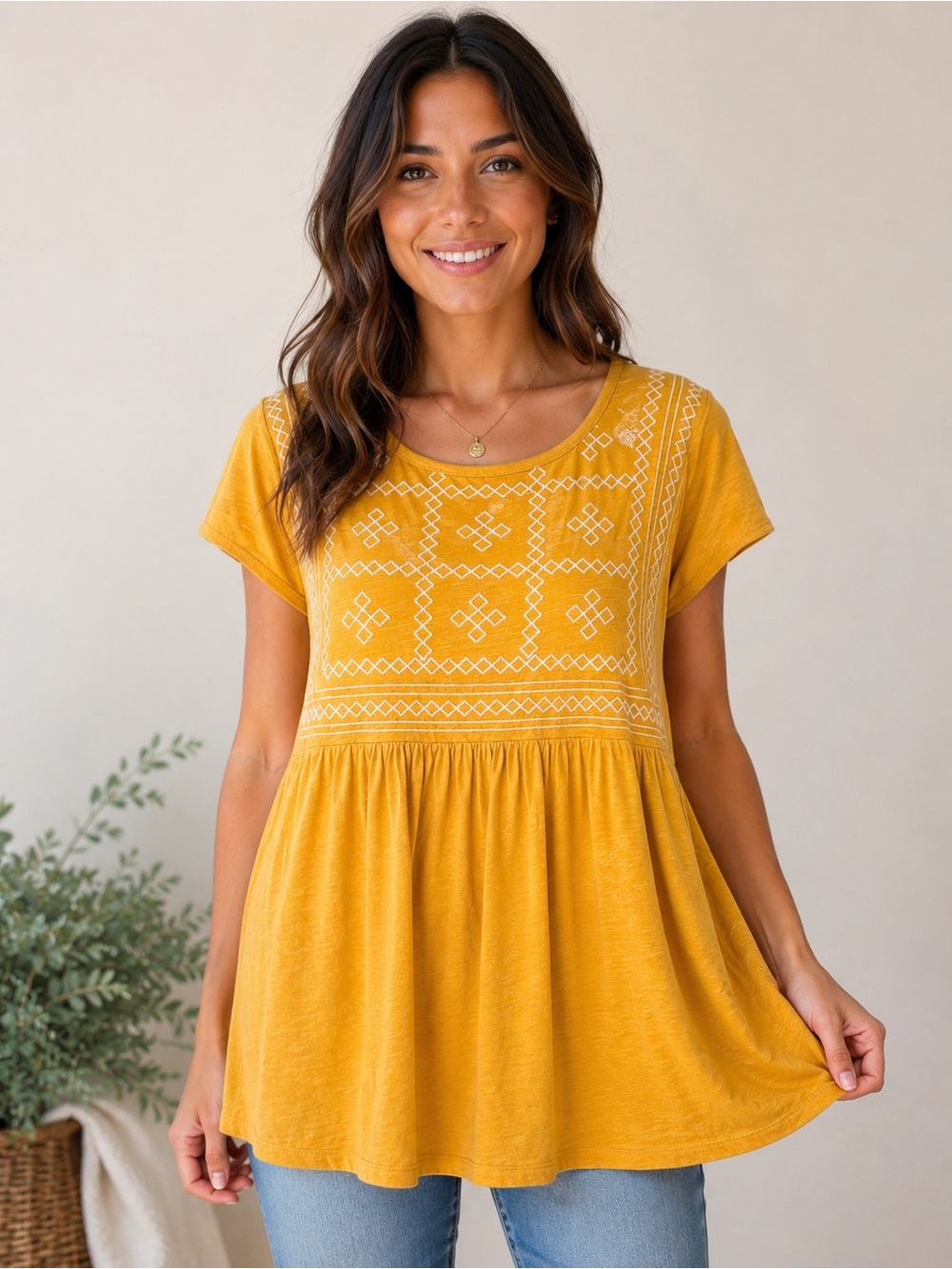 NWT Ella Moss Mustard Embroidered Babydoll Tunic Top Size Large